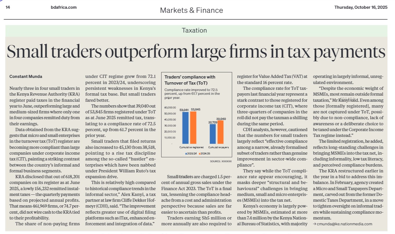 Alex Kanyi and Prince Kiptoo - Business Daily - 16 October 2025 - Small traders outperform large firms in tax returns